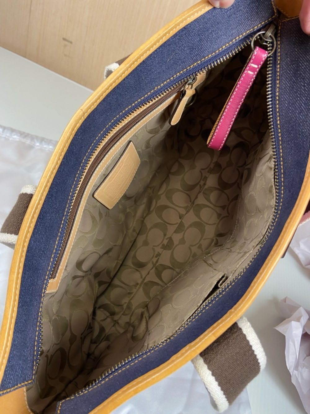 Coach Denim Tote Bag Pink Leather Trim Stripe Canvas Small Carryall Zip Top Y2K - Picture 6 of 15